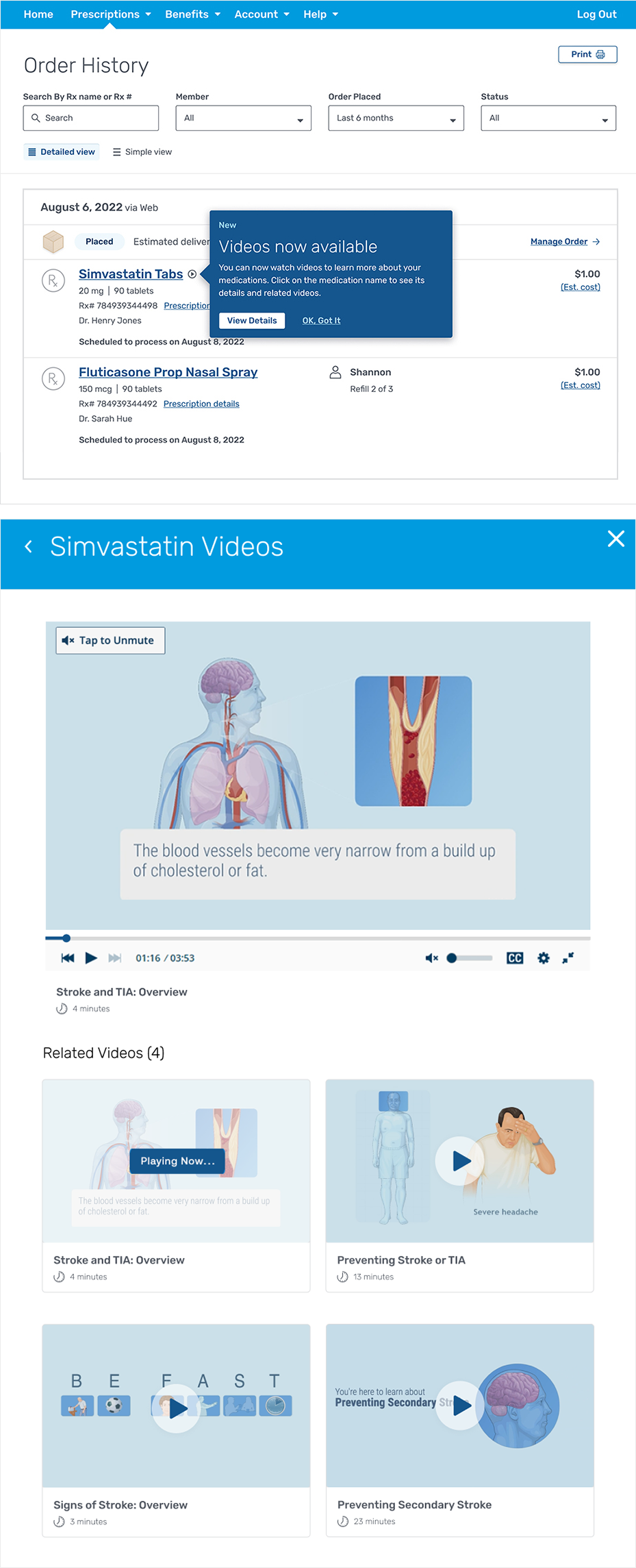A pop-up window shows that new videos are available to watch about your medications. And, another example of the video page for medications like Simvastatin.