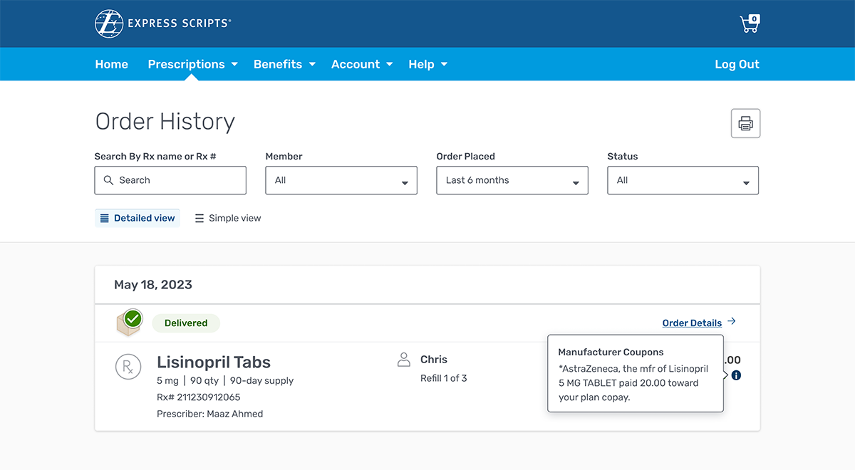 Express Scripts Order History Screen Showing a Rebate Message.
