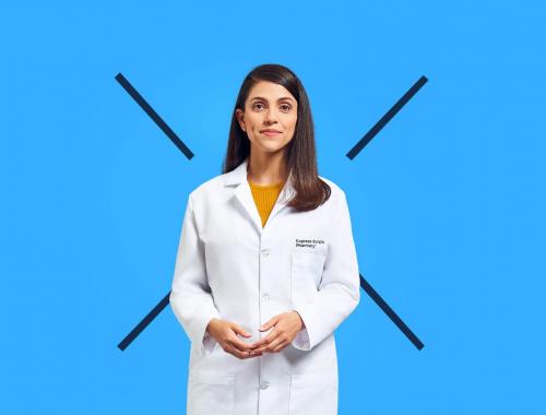 A Express Scripts pharmacist in a white lab coat